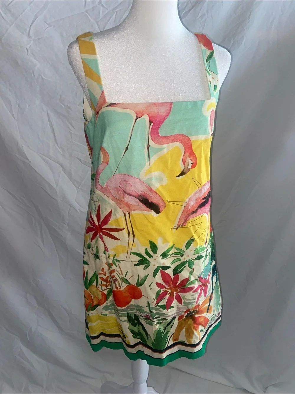 Antonio Melani Eliana Tropical Flamingo linen dress square neckline size small